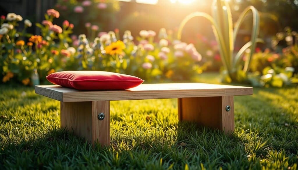 A beautifully crafted wooden garden kneeler and seat placed on a softly illuminated grassy area. In the foreground, show the kneeler with cushioned pads made from vibrant fabric, providing a pop of color and comfort. The middle ground features a pair of wooden boards held together with sturdy metal hardware, displaying the DIY aspect. In the background, a lush garden filled with blooming flowers and greenery can be seen, bathed in warm, soft sunlight. The angle captures the garden kneeler at eye level to showcase its ergonomic design. The overall mood is serene and inviting, encouraging relaxation and enjoyment of gardening tasks. A beautifully crafted wooden garden kneeler and seat placed on a softly illuminated grassy area. In the foreground, show the kneeler with cushioned pads made from vibrant fabric, providing a pop of color and comfort. The middle ground features a pair of wooden boards held together with sturdy metal hardware, displaying the DIY aspect. In the background, a lush garden filled with blooming flowers and greenery can be seen, bathed in warm, soft sunlight. The angle captures the garden kneeler at eye level to showcase its ergonomic design. The overall mood is serene and inviting, encouraging relaxation and enjoyment of gardening tasks.