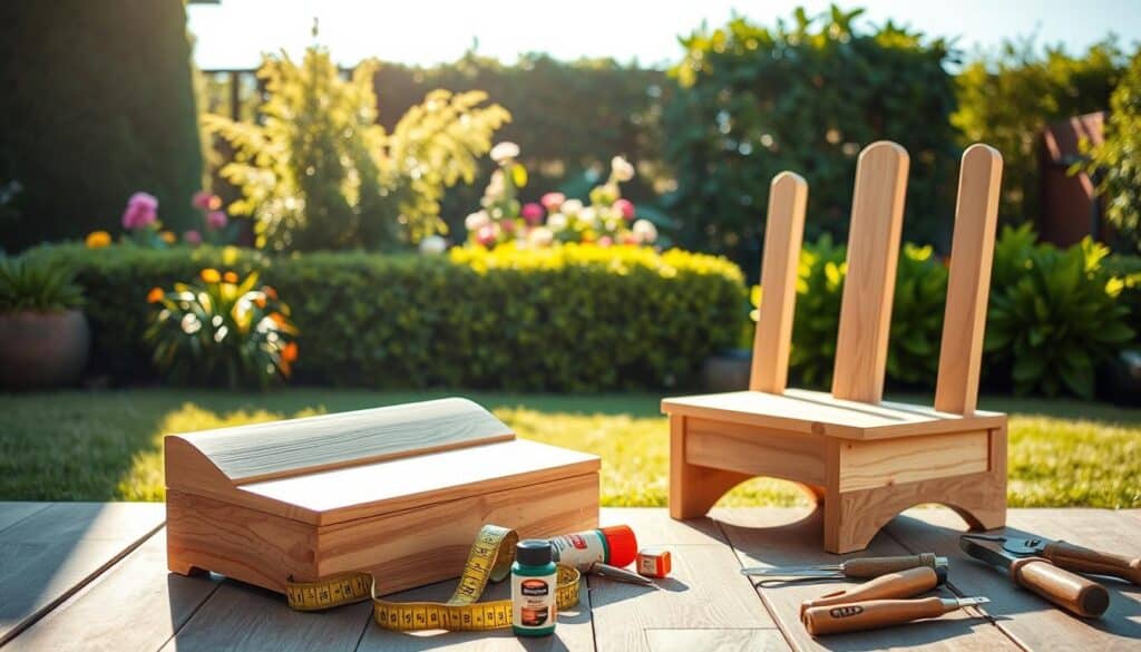 A beautifully crafted wooden garden kneeler and seat set against a serene backyard setting. In the foreground, the kneeler showcases smooth, polished wood with a comfortable, cushioned top, while the seat features a sturdy design with natural wood grain detailing. Around the kneeler, essential tools and materials for woodworking, such as a measuring tape, wood glue, a leather working apron, and a set of hand tools, are artistically arranged. The middle ground has a lush garden with vibrant flowers and neatly trimmed hedges basking in soft, golden sunlight. The background fades into a peaceful blue sky, enhancing the tranquil atmosphere. The scene is illuminated by bright, natural light, capturing the warmth and inviting essence of a DIY woodworking project. A beautifully crafted wooden garden kneeler and seat set against a serene backyard setting. In the foreground, the kneeler showcases smooth, polished wood with a comfortable, cushioned top, while the seat features a sturdy design with natural wood grain detailing. Around the kneeler, essential tools and materials for woodworking, such as a measuring tape, wood glue, a leather working apron, and a set of hand tools, are artistically arranged. The middle ground has a lush garden with vibrant flowers and neatly trimmed hedges basking in soft, golden sunlight. The background fades into a peaceful blue sky, enhancing the tranquil atmosphere. The scene is illuminated by bright, natural light, capturing the warmth and inviting essence of a DIY woodworking project.