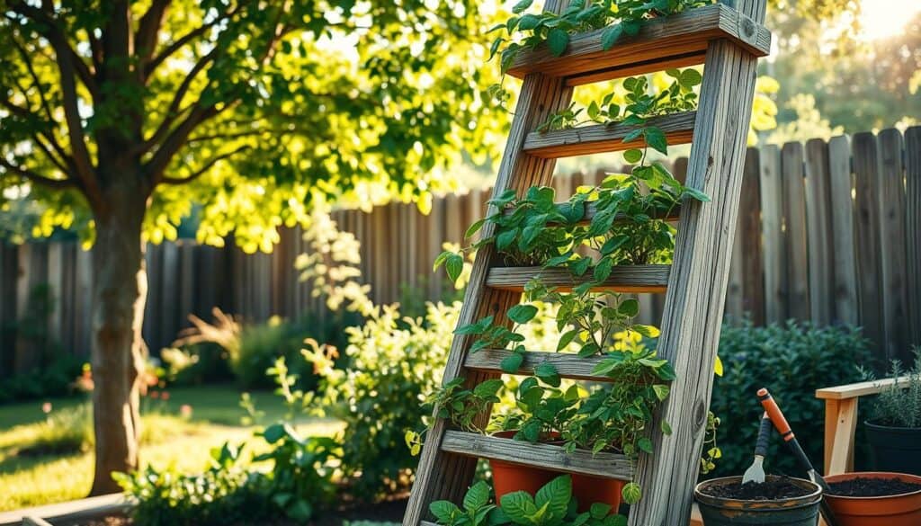 A beautifully crafted wooden ladder-style vertical planter, showcasing vibrant green plants cascading down each level. In the foreground, highlight the rustic texture of the old wooden boards, with slightly weathered surfaces capturing the essence of DIY gardening. The middle background features a serene garden setting with soft sunlight filtering through leafy trees, creating a warm and inviting atmosphere. The scene is well-lit, emphasizing the natural colors of the planter and its plants. Capture the angle slightly above eye level to showcase the ladder's height, with the sunlight illuminating the greenery. Include hints of gardening tools and potting soil scattered nearby, subtly suggesting maintenance and care, reinforcing the theme of keeping the wooden planter thriving. The overall mood is peaceful and inspiring, perfect for a gardening enthusiast.