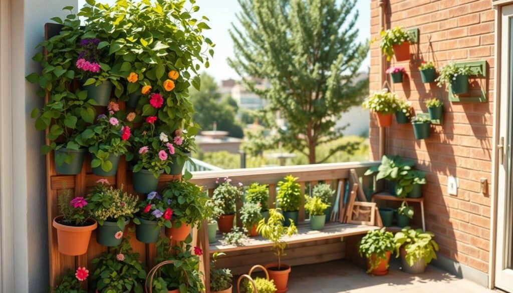 A beautifully designed DIY vertical garden project displayed on a small patio, featuring an array of vibrant plants in various hanging planters and wall-mounted containers. In the foreground, a wooden trellis covered with lush greenery and colorful flowers creates a stunning focal point. The middle ground showcases a stylish, rustic bench adorned with gardening tools and potted herbs, while the background reveals a cozy urban landscape with soft sunlight filtering through nearby trees. The image is captured in bright, natural light, emphasizing the textures of the plants and wood. The atmosphere is inviting and uplifting, reflecting the joy of gardening. Shot with a slightly elevated angle to enhance depth and clarity, showcasing every detail of this charming outdoor space.
