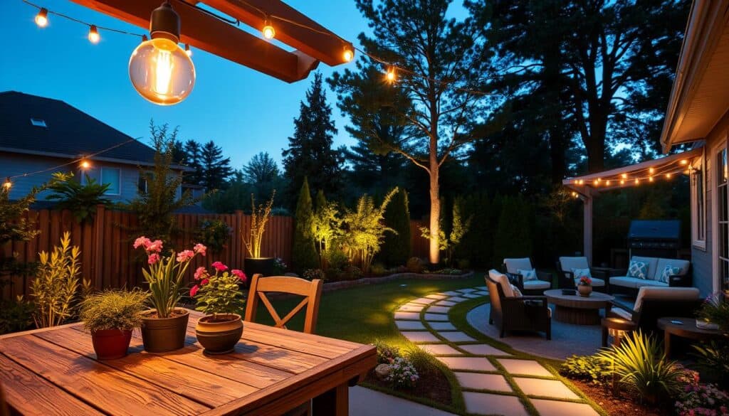 A beautifully designed backyard at dusk, showcasing energy-efficient outdoor lighting. In the foreground, warm LED string lights hang gracefully from a wooden pergola, casting a soft glow over a rustic wooden dining table adorned with potted plants. In the middle ground, solar path lights illuminate a stone pathway lined with lush greenery and blooming flowers, creating an inviting ambiance. The background features a cozy sitting area with modern outdoor furniture, surrounded by tall trees gently swaying in the evening breeze. The scene is captured with a wide-angle lens, highlighting the interplay of twilight shadows and warm lights, evoking a serene, welcoming atmosphere perfect for evening gatherings.