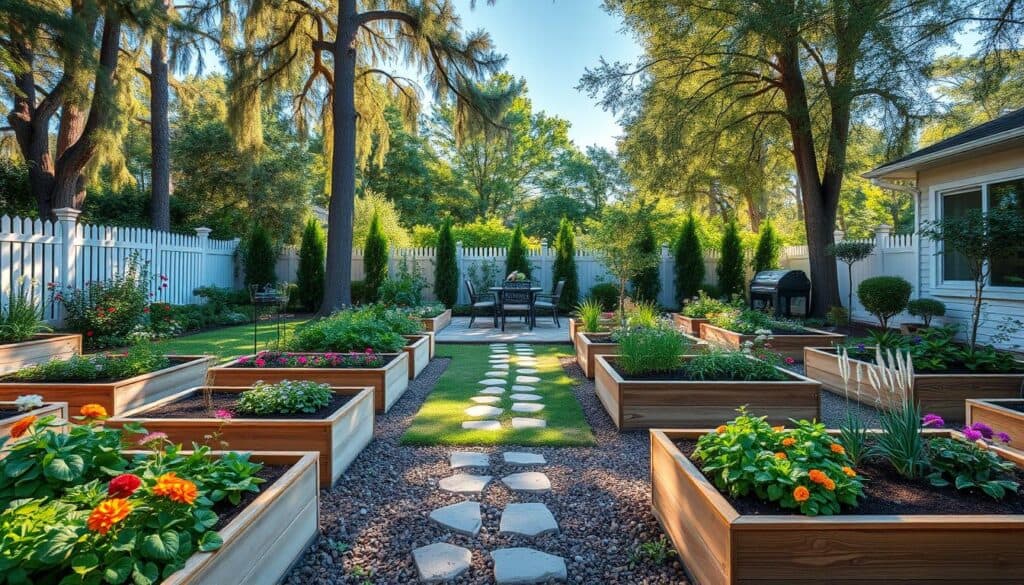 A beautifully designed backyard garden layout featuring specialized garden beds and zones. In the foreground, various raised garden beds made of natural wood, filled with vibrant flowers and lush vegetables. The middle ground showcases distinct zones for herbs, a small seating area with comfortable garden furniture, and a decorative pathway made of stones, leading guests through the space. In the background, tall trees and a white picket fence frame the scene, with soft sunlight filtering through the branches, creating a warm and inviting atmosphere. The image is captured with a wide-angle lens, highlighting the depth and organization of the garden, all under a clear blue sky, evoking a sense of tranquility and home.
