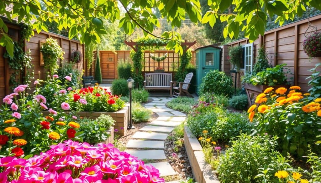 A beautifully designed backyard garden layout that caters to various yard sizes, showcasing a harmonious blend of flower beds, vegetable patches, and walkways. In the foreground, vibrant flower beds filled with colorful blooms and neatly arranged herbs create a lush atmosphere. The middle features a winding stone pathway leading to a cozy seating area with wooden furniture, surrounded by greenery. In the background, a small trellis with climbing plants and a garden shed add charm. The scene is illuminated by bright natural light, with soft sunlight filtering through leaves, creating an inviting and breezy ambiance. Use a wide-angle perspective to capture the layout in its entirety, emphasizing the thoughtful arrangement and usability of the space.