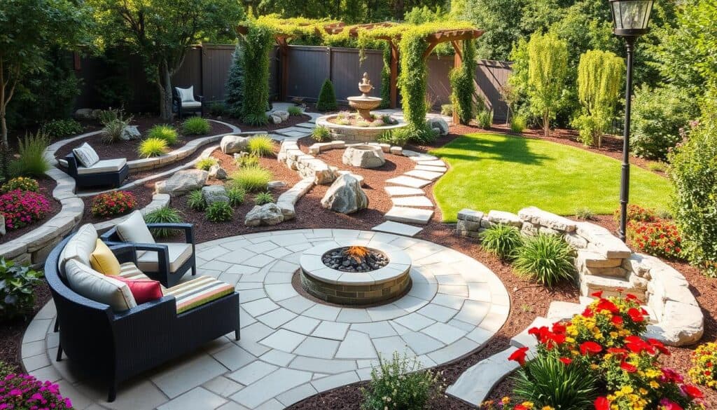 A beautifully designed backyard hardscape featuring a mix of stone pavers, a cozy seating area, and vividly colored flower beds. In the foreground, a circular stone patio adorned with modern outdoor furniture invites relaxation, while a fire pit is centered as a focal point. The middle ground includes a winding stone pathway that leads through lush greenery, interspersed with decorative boulders and a small water feature that adds serenity. In the background, a wooden pergola draped with climbing vines creates an inviting atmosphere under soft, natural sunlight. The scene is captured from a slight elevated angle to provide depth, with bright, airy ambiance showcasing a perfect blend of hardscaping and natural elements, evoking a sense of tranquility and outdoor enjoyment.