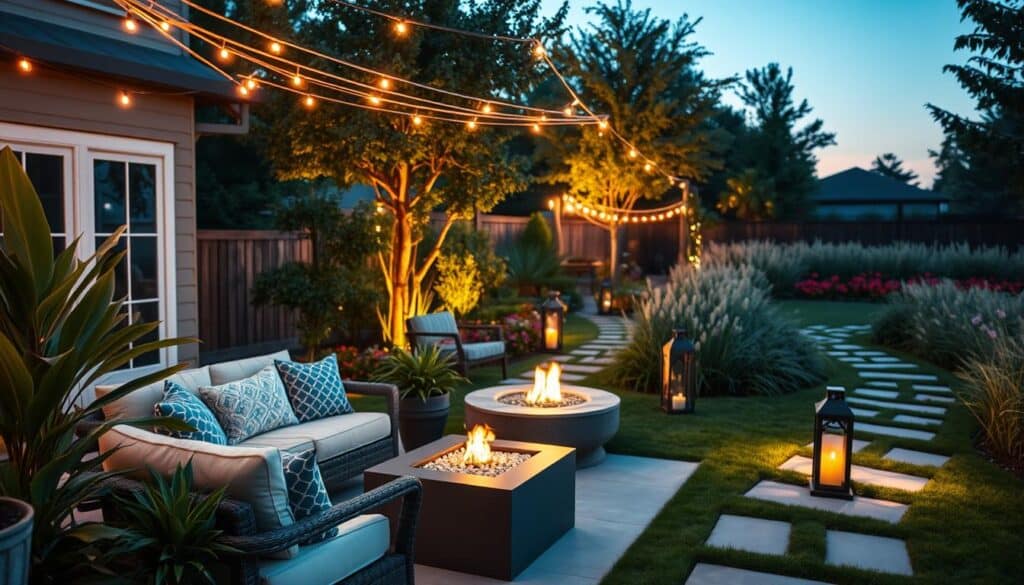A beautifully designed backyard oasis at twilight, showcasing luxury outdoor design hacks. In the foreground, a cozy seating area with elegant outdoor furniture, adorned with plush cushions and a chic coffee table, surrounded by lush potted plants. The middle ground features decorative string lights draped artfully overhead, casting a warm glow over the scene, along with a stylish fire pit that adds additional ambiance. In the background, a softly illuminated pathway winds through a garden of colorful flowers and tall grass, with subtle, strategically placed lanterns illuminating the way. The overall atmosphere is serene and inviting, with bright natural light transitioning to the soft hues of dusk, captured with a wide-angle lens to embrace the spaciousness and tranquility of the outdoor setting. A beautifully designed backyard oasis at twilight, showcasing luxury outdoor design hacks. In the foreground, a cozy seating area with elegant outdoor furniture, adorned with plush cushions and a chic coffee table, surrounded by lush potted plants. The middle ground features decorative string lights draped artfully overhead, casting a warm glow over the scene, along with a stylish fire pit that adds additional ambiance. In the background, a softly illuminated pathway winds through a garden of colorful flowers and tall grass, with subtle, strategically placed lanterns illuminating the way. The overall atmosphere is serene and inviting, with bright natural light transitioning to the soft hues of dusk, captured with a wide-angle lens to embrace the spaciousness and tranquility of the outdoor setting.