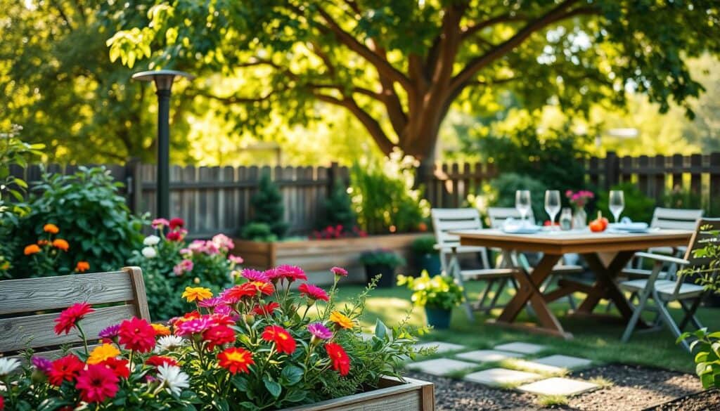 A beautifully designed backyard scene showcasing a variety of captivating weekend projects. In the foreground, feature a wooden garden bench and a vibrant flower bed bursting with colorful blooms. In the middle, include a well-constructed raised vegetable garden, showcasing ripe tomatoes and lush green herbs, along with a stylish outdoor dining table set for a lovely meal. In the background, soft sunlight filters through leafy trees, creating a warm, inviting atmosphere. The composition should capture a serene weekend vibe, with birds singing in the trees and a gentle breeze rustling the leaves. Use bright natural light to highlight the textures of the wood and foliage, with a slightly elevated angle to capture the overall charm of this inviting backyard oasis. A beautifully designed backyard scene showcasing a variety of captivating weekend projects. In the foreground, feature a wooden garden bench and a vibrant flower bed bursting with colorful blooms. In the middle, include a well-constructed raised vegetable garden, showcasing ripe tomatoes and lush green herbs, along with a stylish outdoor dining table set for a lovely meal. In the background, soft sunlight filters through leafy trees, creating a warm, inviting atmosphere. The composition should capture a serene weekend vibe, with birds singing in the trees and a gentle breeze rustling the leaves. Use bright natural light to highlight the textures of the wood and foliage, with a slightly elevated angle to capture the overall charm of this inviting backyard oasis.