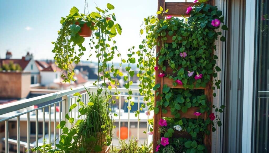 A beautifully designed balcony featuring an innovative vertical garden setup, showcasing a ladder-style vertical planter made from two old wooden boards. In the foreground, vibrant green plants such as herbs, trailing vines, and colorful flowers spill from each wooden tier, creating an inviting and lush atmosphere. The middle layer captures the sunlight filtering through the leaves, casting gentle shadows on the balcony floor. The background includes a soft blue sky and a distant view of city rooftops, enhancing the urban garden vibe. The scene is brightly lit with natural sunlight, creating a warm, airy feel. Capture this from a slightly elevated angle to emphasize the planter's structure and the variety of plants.