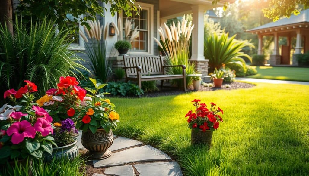 A beautifully designed front yard featuring an array of colorful container plants that enhance curb appeal. In the foreground, a variety of vibrant flowers in decorative pots, including petunias, geraniums, and ferns, are arranged on a charming stone pathway framed by rich green grass. The middle ground showcases a stylish wooden bench surrounded by tall ornamental grasses, adding texture and depth. In the background, a welcoming facade of a cozy home with a well-maintained lawn, adorned with soft, natural light filtering through leaves, creating an inviting atmosphere. Capture the scene with a slight downward angle to emphasize the lush garden, evoking a sense of serenity and warmth with a soft sunlight glow. A beautifully designed front yard featuring an array of colorful container plants that enhance curb appeal. In the foreground, a variety of vibrant flowers in decorative pots, including petunias, geraniums, and ferns, are arranged on a charming stone pathway framed by rich green grass. The middle ground showcases a stylish wooden bench surrounded by tall ornamental grasses, adding texture and depth. In the background, a welcoming facade of a cozy home with a well-maintained lawn, adorned with soft, natural light filtering through leaves, creating an inviting atmosphere. Capture the scene with a slight downward angle to emphasize the lush garden, evoking a sense of serenity and warmth with a soft sunlight glow.