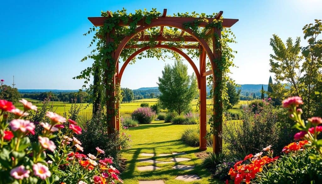 A beautifully designed garden arbor, situated in a lush backyard, framed by blooming flowers and greenery. The arbor features elegant wooden arches intertwined with climbing vines and flowering plants, creating a natural, inviting entrance. In the foreground, vibrant flower beds with colorful blossoms provide a lively contrast. The middle ground showcases the intricately crafted arbor, casting soft shadows on the ground as dappled sunlight filters through the leaves. In the background, a serene garden view stretches out, enhancing the sense of tranquility. The scene is bathed in warm, soft sunlight, evoking a peaceful, idyllic atmosphere. The image is captured from a low angle, emphasizing the height and beauty of the arbor against a clear blue sky. A beautifully designed garden arbor, situated in a lush backyard, framed by blooming flowers and greenery. The arbor features elegant wooden arches intertwined with climbing vines and flowering plants, creating a natural, inviting entrance. In the foreground, vibrant flower beds with colorful blossoms provide a lively contrast. The middle ground showcases the intricately crafted arbor, casting soft shadows on the ground as dappled sunlight filters through the leaves. In the background, a serene garden view stretches out, enhancing the sense of tranquility. The scene is bathed in warm, soft sunlight, evoking a peaceful, idyllic atmosphere. The image is captured from a low angle, emphasizing the height and beauty of the arbor against a clear blue sky.