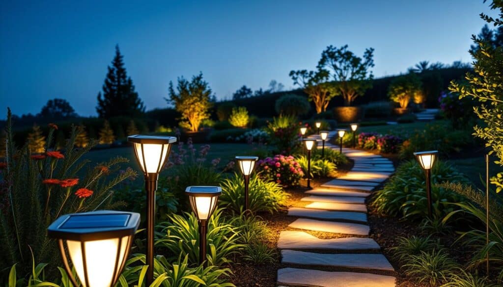 A beautifully designed garden path illuminated by modern, budget-friendly lighting solutions. In the foreground, elegant solar-powered path lights with sleek, minimalist designs casting a warm, inviting glow. The middle features a winding, stone pathway bordered by lush greenery and colorful flowers, showcasing various lighting styles nestled among the plants. In the background, a serene garden setting bathed in soft, natural sunlight under a clear blue sky, creating an inviting and tranquil atmosphere. The scene is captured with a wide-angle lens, highlighting the interplay of light and shadow, emphasizing the charm of a well-lit walkway. Overall, the mood is cozy and welcoming, perfect for enjoying an evening stroll.