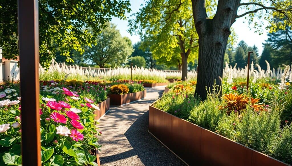 A beautifully designed garden showcasing modern metal and corten steel edging techniques. In the foreground, focus on sleek, dark corten steel borders framing vibrant green flower beds filled with colorful blooms and lush foliage. The middle layer features a gently curving pathway lined with shiny, modern metal edging, emphasizing clean lines and contemporary aesthetics. In the background, sunlit trees cast dappled shadows, while a bright blue sky provides a serene atmosphere. The overall scene is well-lit with soft natural sunlight, evoking a fresh and inviting mood. Capture this composition from a slightly elevated angle to highlight the contrast between the organic garden elements and the sleek metal edging, creating a harmonious blend of nature and modern design. A beautifully designed garden showcasing modern metal and corten steel edging techniques. In the foreground, focus on sleek, dark corten steel borders framing vibrant green flower beds filled with colorful blooms and lush foliage. The middle layer features a gently curving pathway lined with shiny, modern metal edging, emphasizing clean lines and contemporary aesthetics. In the background, sunlit trees cast dappled shadows, while a bright blue sky provides a serene atmosphere. The overall scene is well-lit with soft natural sunlight, evoking a fresh and inviting mood. Capture this composition from a slightly elevated angle to highlight the contrast between the organic garden elements and the sleek metal edging, creating a harmonious blend of nature and modern design.