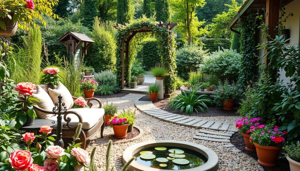 A beautifully designed garden showcasing various design aesthetics. In the foreground, a cozy seating area with elegant outdoor furniture, surrounded by vibrant flowers like roses and daisies, and potted herbs like basil and rosemary. In the middle ground, a unique water feature, such as a small pond with lily pads, and a pathway lined with colorful pebbles leading to a rustic wooden arch adorned with climbing vines. The background features lush greenery and trees, creating a serene environment. The scene is illuminated by soft, natural sunlight, enhancing the colors and textures. The overall mood is peaceful and inviting, evoking a sense of harmony with nature, ideal for a stylish backyard retreat. A beautifully designed garden showcasing various design aesthetics. In the foreground, a cozy seating area with elegant outdoor furniture, surrounded by vibrant flowers like roses and daisies, and potted herbs like basil and rosemary. In the middle ground, a unique water feature, such as a small pond with lily pads, and a pathway lined with colorful pebbles leading to a rustic wooden arch adorned with climbing vines. The background features lush greenery and trees, creating a serene environment. The scene is illuminated by soft, natural sunlight, enhancing the colors and textures. The overall mood is peaceful and inviting, evoking a sense of harmony with nature, ideal for a stylish backyard retreat.