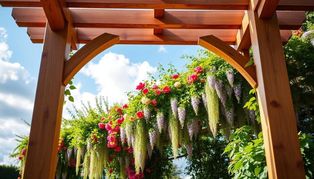 A beautifully designed landscape arch arbor, crafted from natural wood, elegantly frames a lush garden view filled with vibrant climbing plants, such as roses and wisteria. In the foreground, the intricate details of the wood grain and craftsmanship are highlighted, showcasing sturdy beams intertwined with greenery. The middle ground features a variety of colorful climbing plants thriving on the structure, creating a harmonious blend of nature and design. In the background, a soft-focus blue sky and fluffy white clouds add to the serene atmosphere. Bright, natural light floods the scene, with soft sunlight streaming through the leaves, creating a warm and inviting mood. The angle is slightly elevated, providing a comprehensive view of the arbor and the flourishing plants, emphasizing both functionality and aesthetic appeal. A beautifully designed landscape arch arbor, crafted from natural wood, elegantly frames a lush garden view filled with vibrant climbing plants, such as roses and wisteria. In the foreground, the intricate details of the wood grain and craftsmanship are highlighted, showcasing sturdy beams intertwined with greenery. The middle ground features a variety of colorful climbing plants thriving on the structure, creating a harmonious blend of nature and design. In the background, a soft-focus blue sky and fluffy white clouds add to the serene atmosphere. Bright, natural light floods the scene, with soft sunlight streaming through the leaves, creating a warm and inviting mood. The angle is slightly elevated, providing a comprehensive view of the arbor and the flourishing plants, emphasizing both functionality and aesthetic appeal.