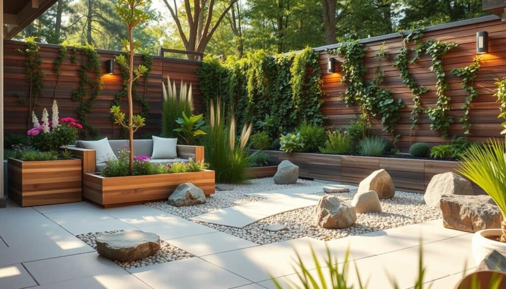 A beautifully designed modern corner garden featuring hardscaping elements such as stone pathways and raised wooden planters. In the foreground, a cozy seating area made of natural wood, surrounded by vibrant flowering plants and lush greenery. The middle ground showcases a smoothly paved stone patio with decorative gravel and artful boulders, adding structure and definition. In the background, a vertical garden wall filled with trailing vines and contemporary outdoor lighting casts a warm, welcoming glow. Soft sunlight filters through the trees, creating delicate shadows and a serene atmosphere. The angle captures the scene from a slightly elevated perspective, emphasizing the layout and inviting ambiance, accentuating a tranquil outdoor nook perfect for relaxation.