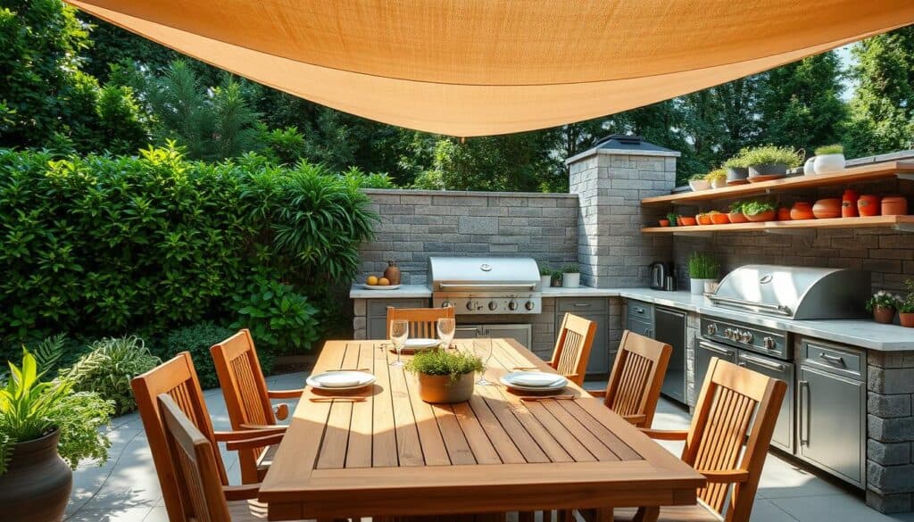 A beautifully designed outdoor kitchen and dining area, featuring a spacious wooden dining table set for six, surrounded by elegant chairs. The kitchen includes a sleek stainless steel grill, a marble countertop for food prep, and open shelving adorned with vibrant pots and fresh herbs. Lush greenery in the background creates a serene garden atmosphere. Natural light floods the scene, highlighting the textures of the wood and stone. Soft sunlight filters through overhead fabric canopies, casting gentle shadows. The overall mood is inviting and relaxed, perfect for gatherings. Capture this from a slightly elevated angle to emphasize the layout and surrounding garden, ensuring the composition feels airy and well-lit. A beautifully designed outdoor kitchen and dining area, featuring a spacious wooden dining table set for six, surrounded by elegant chairs. The kitchen includes a sleek stainless steel grill, a marble countertop for food prep, and open shelving adorned with vibrant pots and fresh herbs. Lush greenery in the background creates a serene garden atmosphere. Natural light floods the scene, highlighting the textures of the wood and stone. Soft sunlight filters through overhead fabric canopies, casting gentle shadows. The overall mood is inviting and relaxed, perfect for gatherings. Capture this from a slightly elevated angle to emphasize the layout and surrounding garden, ensuring the composition feels airy and well-lit.