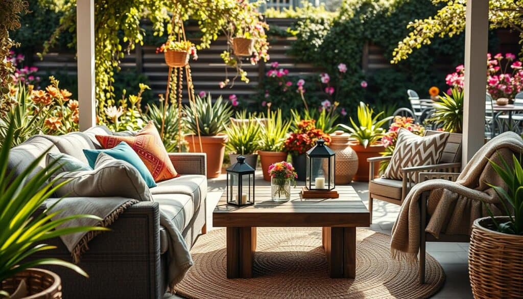 A beautifully designed outdoor living room featuring a cozy setup amid a lush garden. In the foreground, a plush, patterned outdoor sofa adorned with colorful throw pillows invites relaxation. Soft, textured blankets are draped over the armrests, adding warmth. On a rustic wooden coffee table, there are stylish lanterns and a small vase of fresh flowers. In the middle ground, potted plants and hanging greenery create a vibrant setting, while a woven rug brings comfort underfoot. The background showcases blooming flowers and gentle greenery under bright, natural sunlight, enhancing the inviting atmosphere. The scene is bathed in soft, warm light, evoking a serene and welcoming mood perfect for outdoor gatherings. The angle captures the entire setup harmoniously, emphasizing the beauty of combining nature with cozy textile decor. A beautifully designed outdoor living room featuring a cozy setup amid a lush garden. In the foreground, a plush, patterned outdoor sofa adorned with colorful throw pillows invites relaxation. Soft, textured blankets are draped over the armrests, adding warmth. On a rustic wooden coffee table, there are stylish lanterns and a small vase of fresh flowers. In the middle ground, potted plants and hanging greenery create a vibrant setting, while a woven rug brings comfort underfoot. The background showcases blooming flowers and gentle greenery under bright, natural sunlight, enhancing the inviting atmosphere. The scene is bathed in soft, warm light, evoking a serene and welcoming mood perfect for outdoor gatherings. The angle captures the entire setup harmoniously, emphasizing the beauty of combining nature with cozy textile decor.