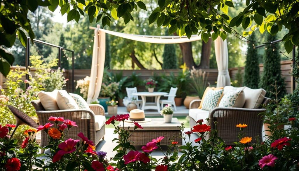 A beautifully designed outdoor living room in a garden setting, featuring a cozy seating area with stylish patio furniture, including a sectional sofa with soft cushions and a coffee table adorned with a sun hat and a decorative plant. In the foreground, vibrant flowers and small potted plants add color and life. The middle ground showcases a gently lit canopy or pergola draped with fairy lights, enhancing the inviting atmosphere. In the background, lush greenery and tall trees provide shade, creating a serene and relaxing environment. The scene is bathed in bright, natural light, with soft sunlight filtering through leaves, evoking a warm and welcoming mood, captured from a slightly elevated angle for a comprehensive view. A beautifully designed outdoor living room in a garden setting, featuring a cozy seating area with stylish patio furniture, including a sectional sofa with soft cushions and a coffee table adorned with a sun hat and a decorative plant. In the foreground, vibrant flowers and small potted plants add color and life. The middle ground showcases a gently lit canopy or pergola draped with fairy lights, enhancing the inviting atmosphere. In the background, lush greenery and tall trees provide shade, creating a serene and relaxing environment. The scene is bathed in bright, natural light, with soft sunlight filtering through leaves, evoking a warm and welcoming mood, captured from a slightly elevated angle for a comprehensive view.