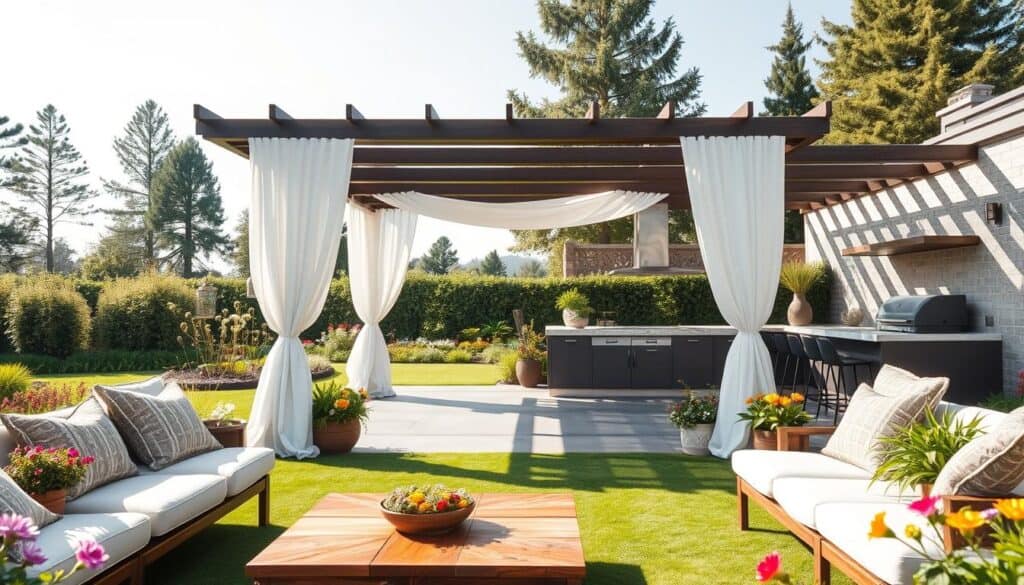 A beautifully designed outdoor living space, featuring a cozy seating area with plush cushions and a rustic wooden coffee table. In the foreground, a well-maintained lawn with various potted plants and colorful flowers adds vibrancy. The middle ground showcases a stylish pergola draped with sheer white fabric, providing shade and definition while enhancing the ambiance. A modern outdoor kitchen, complete with a grill and bar stools, is subtly integrated into the design. The background features a lush garden and tall trees, creating a serene atmosphere. Bathed in soft sunlight, the scene feels welcoming and airy, capturing the essence of a perfect outdoor oasis. Ideal for relaxation and gatherings, this space exemplifies the vision of transforming a garden into an outdoor living room. A beautifully designed outdoor living space, featuring a cozy seating area with plush cushions and a rustic wooden coffee table. In the foreground, a well-maintained lawn with various potted plants and colorful flowers adds vibrancy. The middle ground showcases a stylish pergola draped with sheer white fabric, providing shade and definition while enhancing the ambiance. A modern outdoor kitchen, complete with a grill and bar stools, is subtly integrated into the design. The background features a lush garden and tall trees, creating a serene atmosphere. Bathed in soft sunlight, the scene feels welcoming and airy, capturing the essence of a perfect outdoor oasis. Ideal for relaxation and gatherings, this space exemplifies the vision of transforming a garden into an outdoor living room.