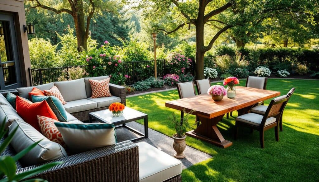 A beautifully designed outdoor living space featuring elegant furniture upgrades. In the foreground, a stylish, inviting sectional sofa adorned with colorful throw pillows, paired with a chic coffee table. In the middle, a rustic dining set made of reclaimed wood, complete with comfortable chairs and centerpieces of fresh flowers. The background is lush greenery, with flowering plants and a well-manicured lawn. Soft sunlight filters through the trees, casting gentle shadows and highlighting the textures of the furniture. The scene conveys a warm, inviting atmosphere, ideal for relaxing or entertaining. Ideal lighting conditions enhance the colors and details, with a slight emphasis on the harmonious blend of nature and contemporary design.