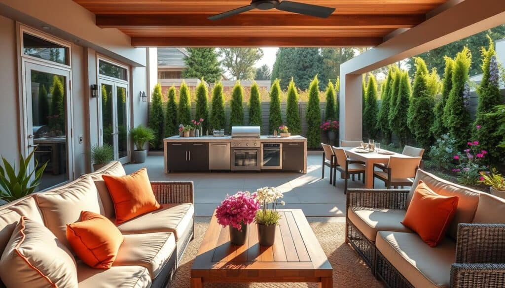 A beautifully designed outdoor living space showcasing a modern patio area with comfortable seating and elegant décor. In the foreground, plush, weather-resistant cushions on a sectional sofa invite relaxation, paired with a wooden coffee table adorned with vibrant potted plants. The middle features a sleek outdoor kitchen with stainless steel appliances and a stone dining table set for a gathering, surrounded by soft, ambient lighting. In the background, a lush garden with tall green hedges and flowering plants creates a serene atmosphere, under bright natural sunlight filtering through. The scene conveys a warm, inviting mood perfect for family gatherings or entertaining guests, captured from a wide-angle perspective to highlight the spaciousness and beauty of the design.
