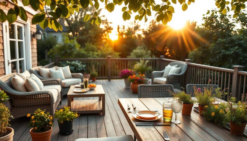A beautifully designed outdoor living space that features a cozy seating area with elegant wicker furniture adorned with light cushions, set on a stylish wooden deck. In the foreground, a rustic wooden dining table is elegantly laid out for a summer meal, with colorful plates and glasses. The middle ground showcases vibrant potted plants and a small herb garden, enhancing the natural aesthetic. In the background, a stunning sunset casts a warm golden glow on the scene, while lush greenery surrounds the space, creating a serene atmosphere. The lighting is bright and natural, highlighting textures and colors, with soft sunlight filtering through leaves. The angle captures a wide view for a complete, inviting ambiance.