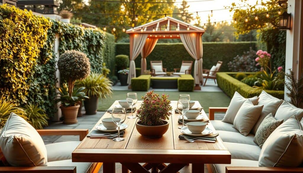 A beautifully designed outdoor space that exudes luxury on a budget. In the foreground, a stylish wooden patio table set with elegant dinnerware, surrounded by comfortable yet chic seating adorned with plush cushions. The middle ground features lush greenery, including potted plants and a vertical garden, creating a rich backdrop. In the background, a well-maintained garden with hedges and flowering plants leads to a charming gazebo with string lights that softly illuminate the area, casting a warm glow. The scene is captured in bright, natural light during golden hour, enhancing the luxurious feel, with a shallow depth of field focusing on the table setting. The overall atmosphere is inviting and serene, encouraging creativity in outdoor decor while remaining accessible and budget-friendly. A beautifully designed outdoor space that exudes luxury on a budget. In the foreground, a stylish wooden patio table set with elegant dinnerware, surrounded by comfortable yet chic seating adorned with plush cushions. The middle ground features lush greenery, including potted plants and a vertical garden, creating a rich backdrop. In the background, a well-maintained garden with hedges and flowering plants leads to a charming gazebo with string lights that softly illuminate the area, casting a warm glow. The scene is captured in bright, natural light during golden hour, enhancing the luxurious feel, with a shallow depth of field focusing on the table setting. The overall atmosphere is inviting and serene, encouraging creativity in outdoor decor while remaining accessible and budget-friendly.