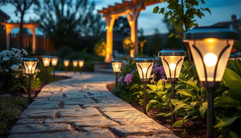 A beautifully designed pathway adorned with top-rated solar walkway lights, glimmering softly under the evening sky. In the foreground, show an array of sleek, modern solar lights, casting a warm, inviting glow that illuminates the textured stone path. In the middle ground, incorporate lush garden plants with delicate flowers contrasting against vibrant green leaves, creating an enchanting atmosphere. The background features a softly lit garden setting, with hints of architectural accents like a quaint wooden arbor or decorative fencing. Capture this scene at dusk, emphasizing the gentle play of light and shadows, with a shallow depth of field to highlight the solar lights as the focal point. Ensure the mood is serene and inviting, perfect for an evening stroll through a garden.