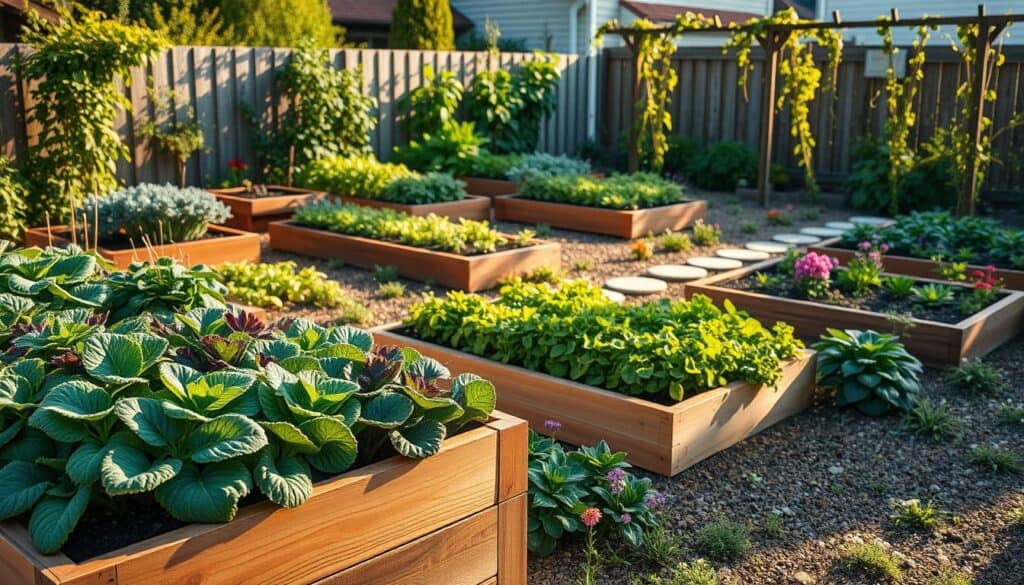 A beautifully designed permaculture garden layout, showcasing a variety of raised beds filled with vibrant vegetables, herbs, and flowers. In the foreground, a close-up of a wooden raised bed overflowing with lush green kale and purple basil. The middle ground features multiple raised beds arranged in an aesthetically pleasing pattern, with paths of stepping stones lined with native flowers. The background shows a trellis covered in climbing beans and a small orchard of fruit trees, all under soft, warm sunlight that casts gentle shadows. The atmosphere feels tranquil and productive, reflecting a harmonious balance with nature. The image captures the essence of advanced garden planning, emphasizing sustainability and biodiversity in a modern suburban setting. A beautifully designed permaculture garden layout, showcasing a variety of raised beds filled with vibrant vegetables, herbs, and flowers. In the foreground, a close-up of a wooden raised bed overflowing with lush green kale and purple basil. The middle ground features multiple raised beds arranged in an aesthetically pleasing pattern, with paths of stepping stones lined with native flowers. The background shows a trellis covered in climbing beans and a small orchard of fruit trees, all under soft, warm sunlight that casts gentle shadows. The atmosphere feels tranquil and productive, reflecting a harmonious balance with nature. The image captures the essence of advanced garden planning, emphasizing sustainability and biodiversity in a modern suburban setting.
