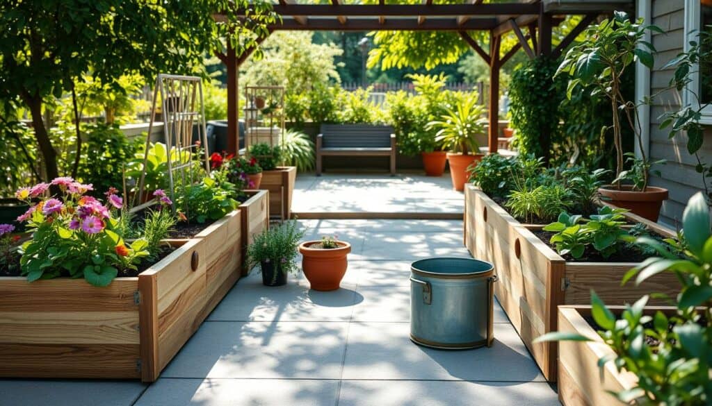 A beautifully designed raised bed garden made from high-quality materials, set on a concrete patio. Foreground features include sturdy wooden planter boxes with a natural finish, filled with vibrant, healthy vegetables and colorful flowers. The middle ground reveals an assortment of materials like weather-resistant composite boards, terracotta pots, and galvanized steel, elegantly displayed to highlight their unique textures. The background captures a sun-drenched patio surrounded by lush greenery, with soft sunlight filtering through leaves, casting gentle shadows. The scene is infused with a peaceful atmosphere, evoking a sense of serenity and harmony with nature, all viewed from a slightly elevated angle to create depth and dimension. A beautifully designed raised bed garden made from high-quality materials, set on a concrete patio. Foreground features include sturdy wooden planter boxes with a natural finish, filled with vibrant, healthy vegetables and colorful flowers. The middle ground reveals an assortment of materials like weather-resistant composite boards, terracotta pots, and galvanized steel, elegantly displayed to highlight their unique textures. The background captures a sun-drenched patio surrounded by lush greenery, with soft sunlight filtering through leaves, casting gentle shadows. The scene is infused with a peaceful atmosphere, evoking a sense of serenity and harmony with nature, all viewed from a slightly elevated angle to create depth and dimension.