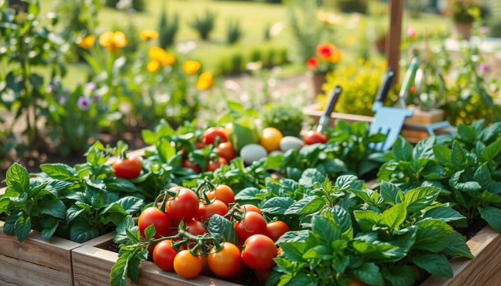 A beautifully designed raised garden bed made from natural wood, filled with vibrant vegetables such as tomatoes, peppers, and leafy greens. The foreground captures lush, healthy plants in a neatly organized layout, showcasing a variety of colors and textures. In the middle ground, a charming arrangement of garden tools and decorative stones adds functionality and aesthetic appeal. The backdrop features a sunny, soft-focus landscape that includes flowering plants and greenery, enhancing the garden’s inviting atmosphere. The lighting is bright and natural, with soft sunlight filtering through leaves, creating a warm and airy mood. The image is captured from a slightly elevated angle, offering a comprehensive view of the garden's design and structure, emphasizing both beauty and practicality.