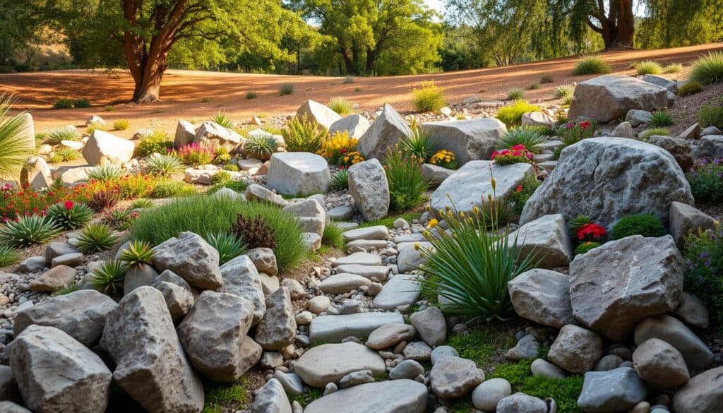 A beautifully designed rock garden, featuring a variety of textured stones and pebbles interspersed with vibrant, drought-resistant plants such as succulents and colorful flowering species. In the foreground, clusters of smooth river stones create a natural path, guiding the viewer's eye through the lush greenery. The middle ground features artfully arranged large boulders, providing structure and depth, with wildflowers blooming around them. The background showcases a gentle slope with soft, diffused sunlight filtering through leafy trees, enhancing the overall atmosphere of tranquility and creativity. The scene is captured with a wide-angle lens to encompass the entire garden, creating a harmonious blend of nature and artistry. A beautifully designed rock garden, featuring a variety of textured stones and pebbles interspersed with vibrant, drought-resistant plants such as succulents and colorful flowering species. In the foreground, clusters of smooth river stones create a natural path, guiding the viewer's eye through the lush greenery. The middle ground features artfully arranged large boulders, providing structure and depth, with wildflowers blooming around them. The background showcases a gentle slope with soft, diffused sunlight filtering through leafy trees, enhancing the overall atmosphere of tranquility and creativity. The scene is captured with a wide-angle lens to encompass the entire garden, creating a harmonious blend of nature and artistry.