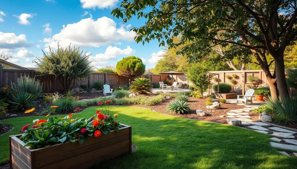 A beautifully designed sustainable backyard garden, featuring a variety of native plants, herbs, and vegetables arranged in tidy, eco-friendly beds. In the foreground, a charming wooden planter box brims with colorful flowers, while patches of lush grass invite relaxation. The middle ground showcases a gently meandering path of natural stones leading to a cozy seating area, surrounded by trees and shrubs that provide shade. The background reveals a small, serene pond integrated into the landscape, reflecting the blue sky dotted with fluffy clouds. Soft, warm sunlight filters through the leaves, casting gentle dappled shadows, creating an inviting and peaceful atmosphere. The image should evoke a sense of harmony with nature, showcasing the beauty and practicality of sustainable landscaping.