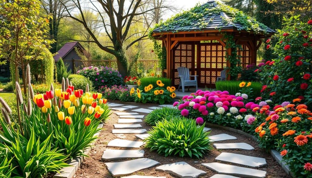 A beautifully designed three-season garden layout, showcasing lush greenery and vibrant flower beds in the foreground, with carefully placed pathways made of natural stone. In the middle ground, a variety of flowers bloom, demonstrating seasonal transitions—spring tulips, summer sunflowers, and autumn chrysanthemums. The background features a cozy wooden gazebo adorned with climbing vines, bathed in soft natural sunlight, creating a warm, welcoming atmosphere. The scene captures a sense of tranquility and harmony, ideal for a low-maintenance garden that still brings stunning visual appeal throughout the year. The lighting is bright and airy, enhancing the colors and textures of the plants, photographed with a slight overhead angle to highlight the layout and design.