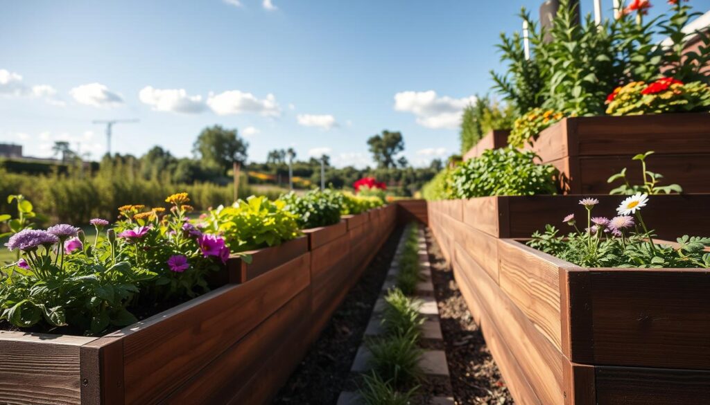 A beautifully designed tiered raised garden bed configuration, showcasing a series of stacked wooden planter boxes in varying heights, filled with vibrant flowers and lush vegetables. In the foreground, focus on the rich textures of the wood and the colorful array of plants, while the middle ground features a neat pathway lined with aromatic herbs. The background reveals a sunny garden with a clear blue sky, dotted with a few fluffy clouds. Soft, natural sunlight illuminates the scene, creating a warm and inviting atmosphere. The angle captures a slightly elevated perspective, emphasizing the depth and layering of the garden beds. This image should evoke a sense of tranquility and inspiration for garden enthusiasts.