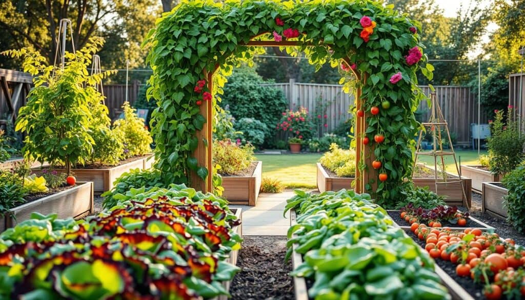 A beautifully designed vegetable garden featuring a charming archway draped with climbing plants. In the foreground, vibrant rows of lettuce, tomatoes, and peppers flourish in neatly arranged raised beds. The middle of the scene showcases the wooden arch covered with green vines and colorful flowers, adding vertical interest and enhancing space utilization. The background reveals a sun-drenched yard with soft, golden light streaming in, casting gentle shadows across the garden beds. The image captures a serene and productive atmosphere, reflecting a well-maintained garden bursting with life. Shot from a slightly elevated angle to highlight the layout and vertical components, embodying the essence of vertical gardening techniques for maximum yield. A beautifully designed vegetable garden featuring a charming archway draped with climbing plants. In the foreground, vibrant rows of lettuce, tomatoes, and peppers flourish in neatly arranged raised beds. The middle of the scene showcases the wooden arch covered with green vines and colorful flowers, adding vertical interest and enhancing space utilization. The background reveals a sun-drenched yard with soft, golden light streaming in, casting gentle shadows across the garden beds. The image captures a serene and productive atmosphere, reflecting a well-maintained garden bursting with life. Shot from a slightly elevated angle to highlight the layout and vertical components, embodying the essence of vertical gardening techniques for maximum yield.