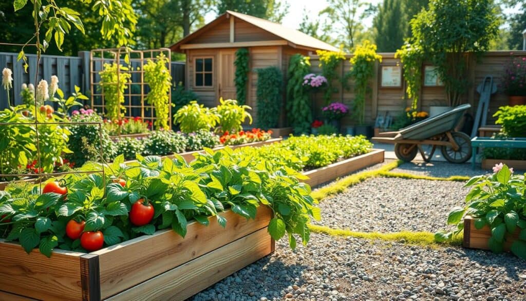 A beautifully designed vegetable garden in a raised bed format, featuring a variety of colorful vegetables such as tomatoes, peppers, carrots, and herbs. In the foreground, a charming wooden raised bed filled with lush green plants, surrounded by a neatly maintained pathway of gravel. The middle ground showcases vibrant rows of different vegetable plants, with trellises supporting climbing beans and vertical herbs. The background includes a softly lit garden shed with gardening tools leaning against it, and a few decorative elements like flowering plants and a rustic wheelbarrow. The scene is bathed in bright natural light, with soft sunlight filtering through the leaves, creating a warm and inviting atmosphere. The overall mood is serene and inspiring, ideal for cultivating creativity in garden design.
