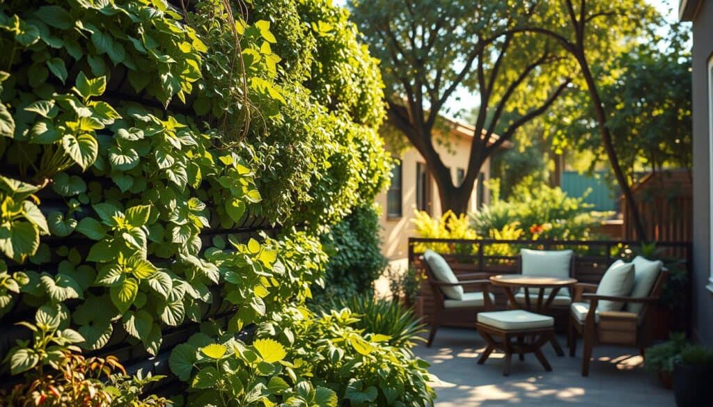 A beautifully designed vertical garden brimming with lush green plants, showcasing a variety of herbs, vegetables, and flowers, all thriving in well-structured modules. In the foreground, sunlit foliage creates a vibrant display, while the middle ground highlights the vertical garden's unique layers and textures. In the background, a cozy small patio with wooden furniture and soft cushions is illuminated by warm, soft sunlight filtering through trees, casting gentle shadows. The scene conveys an uplifting, tranquil atmosphere, emphasizing the play of light and greenery. The angle is slightly elevated to capture the entire vertical garden and patio, creating a sense of openness and inviting warmth. Ideal for illustrating sunlight requirements, the image emphasizes harmony between nature and home.