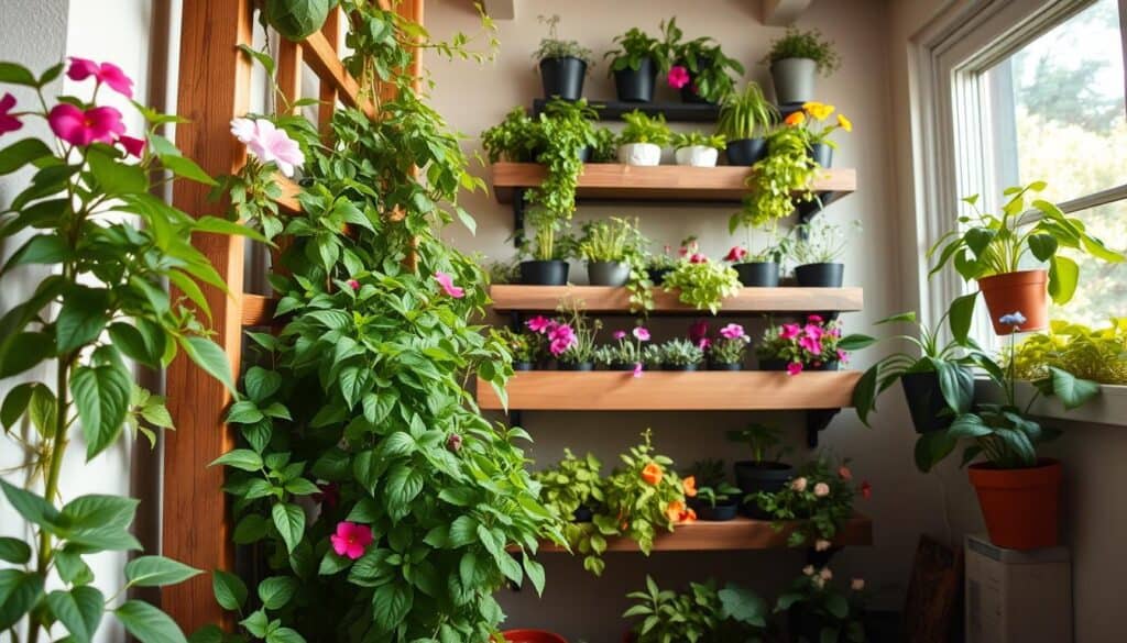 A beautifully designed vertical garden in a cozy, small-space setting. In the foreground, lush greenery and vibrant flowering plants climb against a wooden trellis, creating an inviting and lively atmosphere. The middle layer showcases a variety of planters and shelves, featuring herbs and colorful flowers, arranged thoughtfully to maximize the small area. In the background, soft natural light filters through a nearby window, illuminating the scene with warmth and brightness. The angle captures the full height of the garden, emphasizing its verticality and ingenuity. The overall mood is fresh and inspiring, ideal for anyone seeking creative gardening solutions for limited spaces.