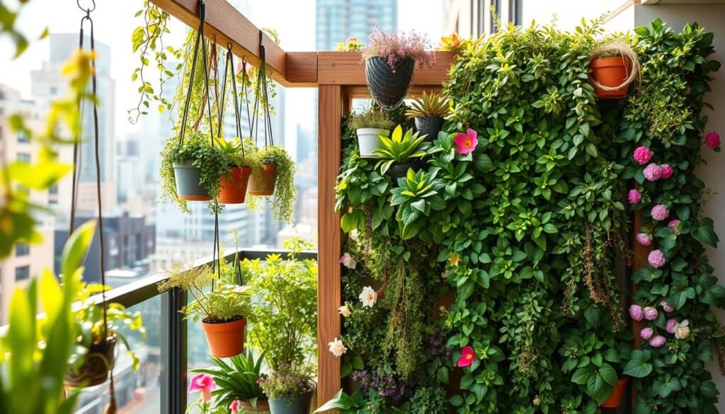 A beautifully designed vertical garden in a modern urban environment, showcasing an array of lush green plants and colorful flowers. In the foreground, hanging planters with herbs and succulents are artistically arranged on a wooden trellis, creating an inviting and vibrant appearance. The middle ground features varied textures and colors of foliage cascading down a wall, with a backdrop of a sunlit balcony surrounded by city buildings. Natural light floods the scene, highlighting the vivid greens and warm wood tones, creating a serene oasis feel. The overall atmosphere is fresh and uplifting, perfect for demonstrating innovative vertical gardening solutions in small spaces, with a sense of harmony between nature and urban living.