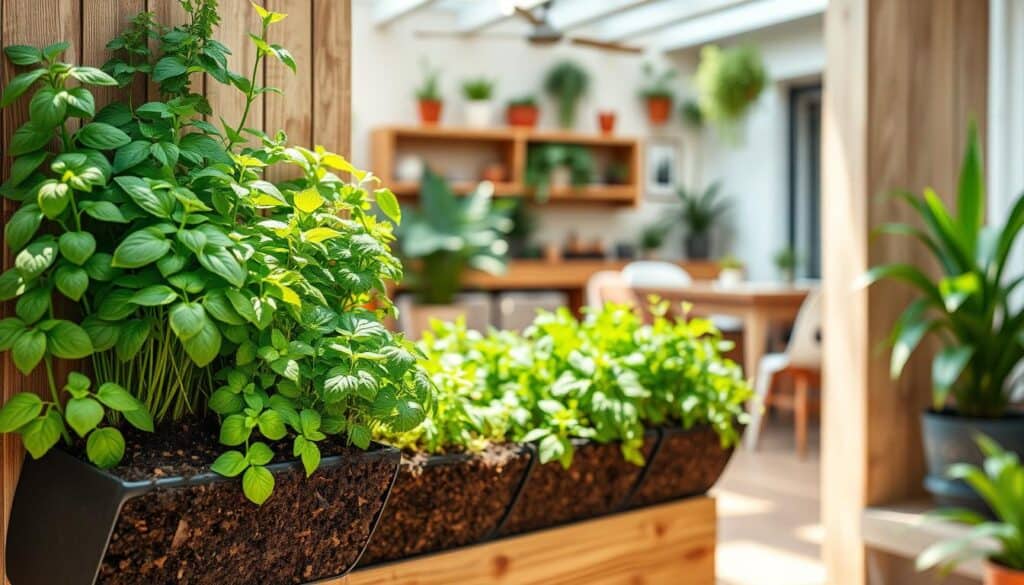 A beautifully designed vertical garden showcasing an array of vibrant herbs, positioned against a modern wooden wall. In the foreground, fresh basil, mint, and cilantro thrive in stylish, vertical planters filled with rich soil. The middle ground features an elegantly arranged grid of various herbs, each with distinct textures and colors, bathed in soft, diffused natural sunlight that enhances their freshness. In the background, a cozy home interior is subtly visible, featuring potted plants and natural wood elements that add to the aesthetic appeal. The scene captures a bright, airy feeling, emphasizing a harmonious connection between nature and home décor. The overall atmosphere is tranquil and inviting, perfect for a sustainable living space focused on aesthetics and practicality.