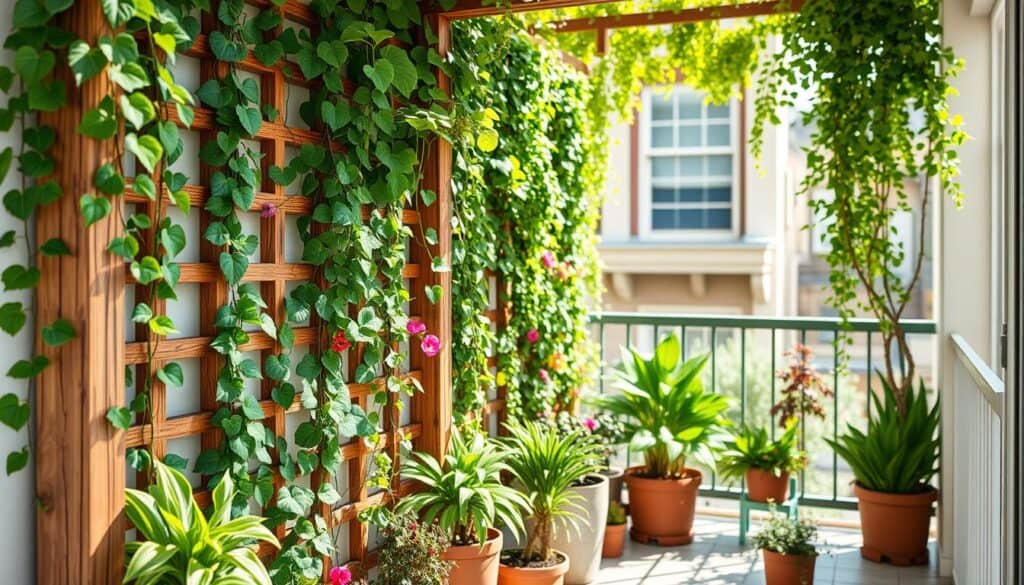 A beautifully designed vertical garden trellis brimming with climbing plants, such as vibrant green ivy and colorful flowering vines. In the foreground, the trellis features a sturdy wooden frame, showcasing intricate craftsmanship and natural textures. The middle ground highlights various potted plants arranged at the base, adding depth and visual interest. In the background, a sunlit urban balcony or small patio creates an inviting and cozy atmosphere, with soft sunlight filtering through, casting gentle shadows. The overall mood is fresh and serene, perfect for enhancing privacy while maximizing small space gardening. Use a wide-angle lens for an expansive view, focusing on the harmony between the trellis and the surrounding greenery, evoking a sense of peaceful living.