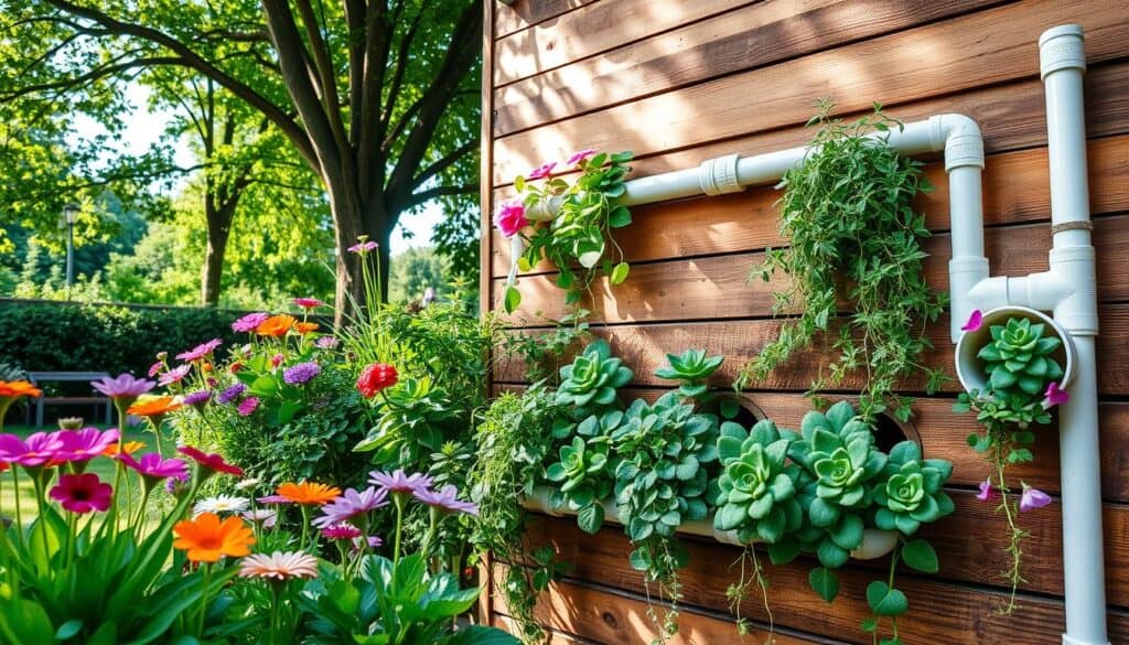 A beautifully designed vertical garden wall made from PVC pipes and wooden planks, showcasing an array of colorful flowers and lush greenery. In the foreground, vibrant plants emerge from circular openings in the PVC, while the rustic wooden planks provide a warm, inviting backdrop. The middle ground features various plant types, including cascading vines and succulent arrangements. In the background, soft, dappled sunlight filters through nearby trees, casting gentle shadows on the wall, enhancing the natural atmosphere. The entire scene evokes a sense of creativity and tranquility, inviting viewers to envision their own DIY garden projects. Capture the image with a wide-angle lens, emphasizing the rich textures and colors.