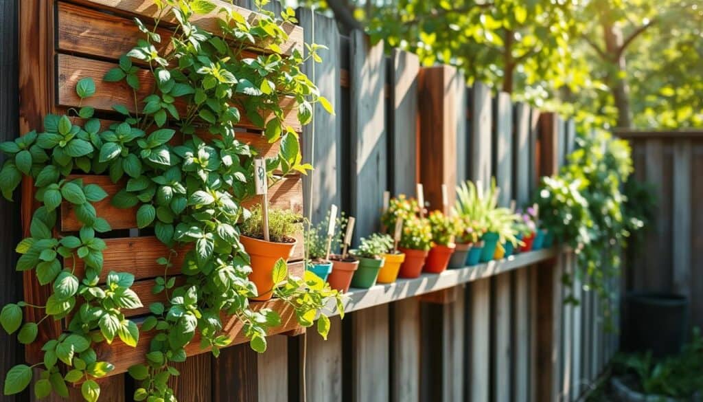 A beautifully designed vertical herb garden made from wooden pallets, mounted on a rustic wooden fence. In the foreground, vibrant green herbs like basil, rosemary, and mint spill over the edges of the pallet planters. The middle features an arrangement of various herbs planted in small, colorful pots, adorned with natural twine labels. The background showcases a sunny backyard, with soft sunlight filtering through the leaves of nearby trees, creating a warm, inviting glow. The scene is airy and well-lit, emphasizing the natural textures of the wood and plants. Capture this image from a slightly elevated angle to highlight the vertical layout and arrangement, giving an overall sense of creativity and rustic charm in home gardening. A beautifully designed vertical herb garden made from wooden pallets, mounted on a rustic wooden fence. In the foreground, vibrant green herbs like basil, rosemary, and mint spill over the edges of the pallet planters. The middle features an arrangement of various herbs planted in small, colorful pots, adorned with natural twine labels. The background showcases a sunny backyard, with soft sunlight filtering through the leaves of nearby trees, creating a warm, inviting glow. The scene is airy and well-lit, emphasizing the natural textures of the wood and plants. Capture this image from a slightly elevated angle to highlight the vertical layout and arrangement, giving an overall sense of creativity and rustic charm in home gardening.