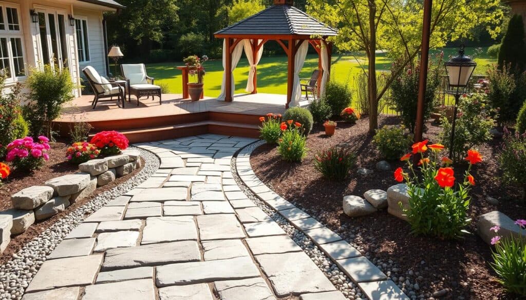A beautifully designed walkway and pathway in a bright backyard setting, featuring elegant stone pavers and lush greenery. In the foreground, intricately arranged stepping stones lead to a charming wooden deck adorned with tasteful outdoor furniture. The middle ground showcases vibrant flowerbeds on either side of the pathway, filled with colorful blooming plants, while decorative gravel accents add textural contrast. In the background, a well-maintained lawn stretches towards a cozy gazebo under soft sunlight, creating an inviting and serene atmosphere. The image captures the essence of hardscaping essentials, with a warm and welcoming mood. Shot at a slight angle to emphasize depth, under natural light that highlights the textures of the materials used.
