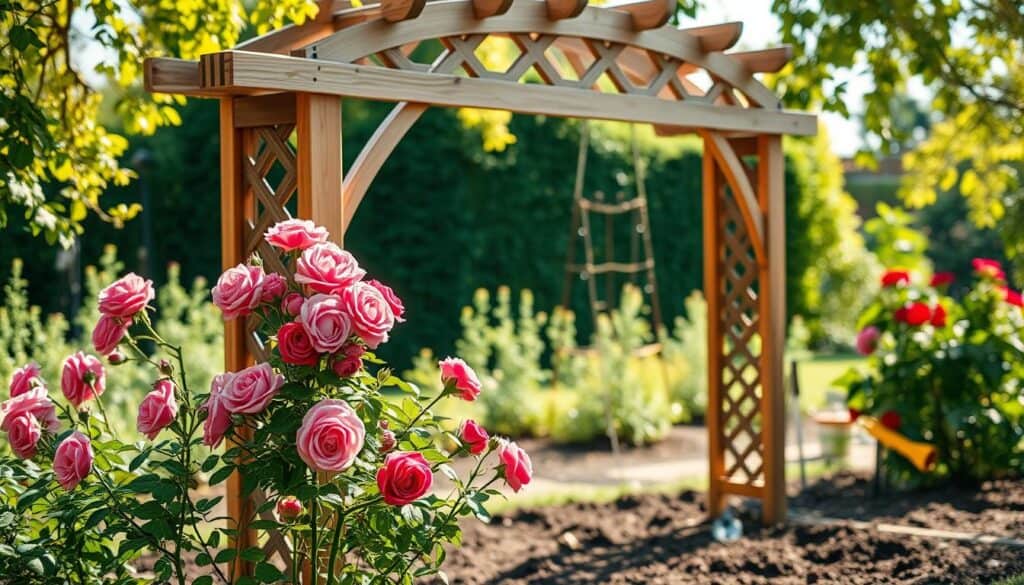 A beautifully designed wooden trellis for climbing roses, featuring intricate lattice work and a sturdy archway, set against a serene garden backdrop. The foreground showcases clusters of vibrant, blooming climbing roses in varying shades of pink and red, elegantly trained along the trellis. In the middle ground, well-maintained soil and garden tools hint at a recent planting endeavor. The background includes soft greenery, dappled sunlight filtering through leaves, creating a warm, inviting atmosphere. The scene is framed with a shallow depth of field, emphasizing the trellis while gently blurring the lush garden setting. Capture this in bright, natural light, evoking a sense of tranquility and dedicated craftsmanship. A beautifully designed wooden trellis for climbing roses, featuring intricate lattice work and a sturdy archway, set against a serene garden backdrop. The foreground showcases clusters of vibrant, blooming climbing roses in varying shades of pink and red, elegantly trained along the trellis. In the middle ground, well-maintained soil and garden tools hint at a recent planting endeavor. The background includes soft greenery, dappled sunlight filtering through leaves, creating a warm, inviting atmosphere. The scene is framed with a shallow depth of field, emphasizing the trellis while gently blurring the lush garden setting. Capture this in bright, natural light, evoking a sense of tranquility and dedicated craftsmanship.