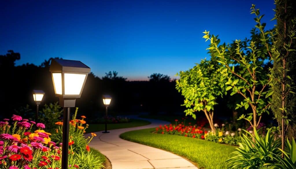 A beautifully illuminated garden at dusk, featuring the brightest solar garden lights strategically placed along a winding pathway. In the foreground, elegant motion sensor solar lights with sleek, modern designs cast a warm, inviting glow, enhancing the sense of safety and security. The middle ground showcases a lush, vibrant garden filled with colorful flowers and greenery, subtly lit by the lights. The background reveals a serene night sky transitioning into deep blue, with faint stars beginning to emerge. The scene is captured with a wide-angle lens, emphasizing the overall ambiance, while soft sunlight filters in, creating a peaceful and welcoming atmosphere that highlights the garden's beauty after dark.