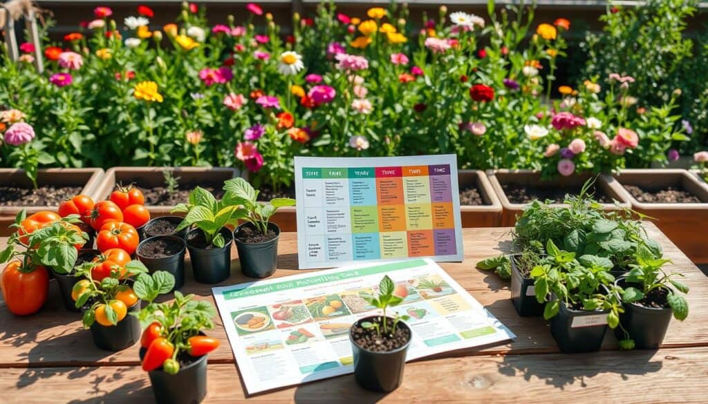 A beautifully illustrated seasonal planting guide for a raised bed garden, laid out on a rustic wooden table. In the foreground, vibrant vegetable seedlings such as tomatoes, peppers, and herbs arranged in labeled pots. In the middle ground, a colorful chart showcasing seasonal planting times, incorporating images of crops and their ideal growing conditions. The background features a lush, thriving garden with varied colored blooms and greenery, basking in bright, soft sunlight. The scene is airy and well-lit, creating a welcoming atmosphere. Use a slightly elevated angle to capture the entire setup, emphasizing the organized nature of the planting guide while conveying a sense of year-round gardening success. A beautifully illustrated seasonal planting guide for a raised bed garden, laid out on a rustic wooden table. In the foreground, vibrant vegetable seedlings such as tomatoes, peppers, and herbs arranged in labeled pots. In the middle ground, a colorful chart showcasing seasonal planting times, incorporating images of crops and their ideal growing conditions. The background features a lush, thriving garden with varied colored blooms and greenery, basking in bright, soft sunlight. The scene is airy and well-lit, creating a welcoming atmosphere. Use a slightly elevated angle to capture the entire setup, emphasizing the organized nature of the planting guide while conveying a sense of year-round gardening success.
