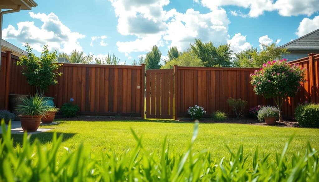 A beautifully landscaped backyard featuring a newly upgraded wooden fence, designed for privacy and security. In the foreground, vibrant green grass frames the scene, with decorative potted plants accentuating the fence. The middle ground showcases a sturdy wooden privacy fence, stained a rich brown, with horizontal slats and a small gate. The light filters through, creating soft shadows on the ground, enhancing the cozy atmosphere. In the background, a well-manicured garden with flowering shrubs and a serene blue sky filled with fluffy clouds adds depth. The overall lighting is bright and cheerful, with sunlight casting a warm glow, evoking a sense of tranquility and safety.
