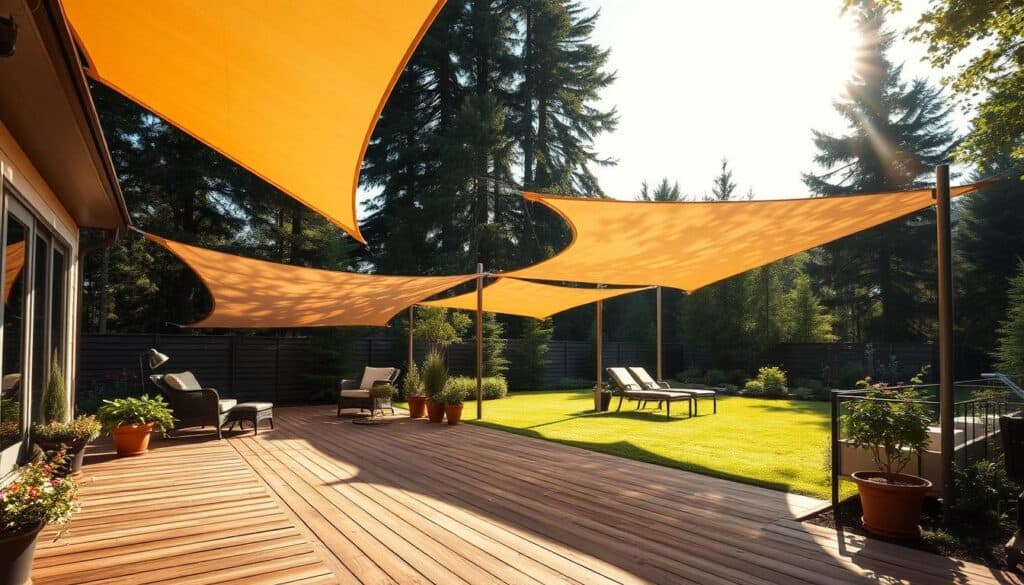 A beautifully landscaped backyard featuring strategically placed sun shades to block direct sunlight. In the foreground, a well-maintained wooden deck adorned with potted plants and outdoor furniture. The middle ground showcases elegant, adjustable sun shades, positioned to create cool zones under the afternoon sun. These shades cast dappled shadows on the ground, emphasizing the contrast between light and shade. In the background, tall, lush trees provide a natural backdrop, enhancing the sense of greenery and serenity. The scene is illuminated by soft, golden sunlight filtering through the leaves, creating a warm and inviting atmosphere. The angle captures the whole setting as if viewed from a slightly elevated position, emphasizing depth and space, with no people present in the image.