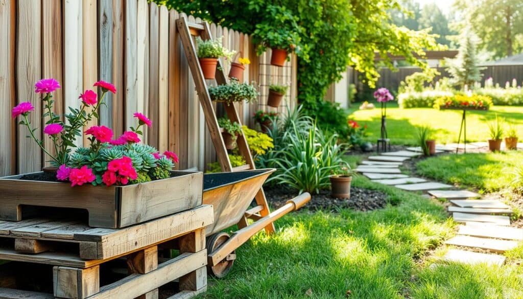 A beautifully landscaped backyard garden scene showcasing creative uses of found objects in low-cost landscaping. In the foreground, a rustic wooden pallet serves as a flower planter, overflowing with vibrant blooming plants. Beside it, an old wheelbarrow filled with soil and succulents adds charm. In the middle, a repurposed wooden ladder leans against a garden fence, adorned with hanging pots of herbs and colorful flowers. The background features a small stone path, winding through lush green grass and accentuated by recycled garden art sculptures made from metal scraps. The scene is illuminated by bright, soft sunlight filtering through the trees, creating a warm and inviting atmosphere. The perspective is slightly elevated, capturing the layout in a dynamic, engaging way, enhancing the creative aesthetic of affordable backyard landscaping.